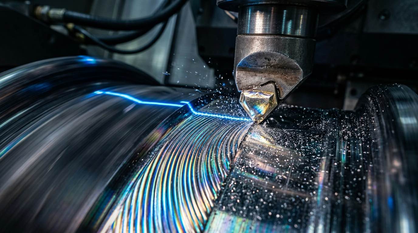 Cuțitul CNC tăind fața unei jante din aluminiu